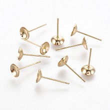 Honeyhandy 304 Stainless Steel Stud Earring Settings, Real 18k Gold Plated, Tray: 5mm, 12.5x6mm, Pin: 0.8mm