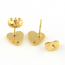 Honeyhandy 304 Stainless Steel Heart Stud Earring Findings, with Loop and Flat Plate, Golden, 8x8mm, Hole: 1mm, pin: 0.8mm