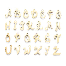 201 Stainless Steel Charms, Laser Cut, Alphabet, Golden, Letter, 10~13x4.5~10x1mm, Hole: 1.4mm