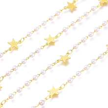 ARRICRAFT Brass Star Links Chains, with White Round  CCB Plastic Beads, Soldered, Long-Lasting Plated, Golden, Link: 4x2.5x3mm and 2.5x1.7x0.3mm, about 32.8 Feet(10m)/roll