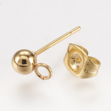 Honeyhandy 304 Stainless Steel Stud Earring Findings, with Loop, Real 24K Gold Plated, 15x7mm, Hole: 1.7mm, Pin: 0.8mm, Ball: 4mm