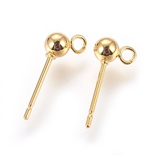 Honeyhandy 304 Stainless Steel Ball Stud Earrings Findings, with Loop, Round, Golden, 13.5~15x5.5mm, Hole: 1.6mm, Pin: 0.7mm