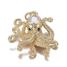 Honeyhandy Brass Micro Clear & Black Cubic Zirconia Pendants, Long-Lasting Plated, Octopus Shape, Real 18K Gold Plated, 22x21x7mm, Hole: 3.6mm