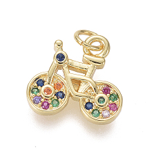 Honeyhandy Brass Micro Pave Cubic Zirconia Charms, with Jump Rings, Bicycle, Colorful, Golden, 11x11.5x2mm, Hole: 2.5mm