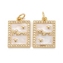 Honeyhandy Brass Micro Pave Clear Cubic Zirconia Pendants, with Enamel and Jump Rings, Rectangle with Word Mama, Real 18K Gold Plated, 17.5x12x2mm, Hole: 4mm