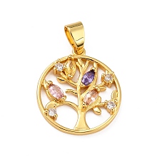 Honeyhandy Brass Micro Pave Colorful Cubic Zirconia Pendants, Flat Round with Tree, Real 18K Gold Plated, 22.5x19.5x3mm, Hole: 6x3mm