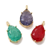 Rack Plating Brass Micro Pave Cubic Zirconia Pendants, with Glass, Long-Lasting Plated, Cadmium Free & Lead Free, Real 18K Gold Plated, Teardrop, Mixed Color, 24.5x14x9mm, Hole: 3.5x3mm