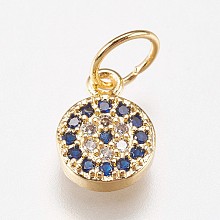 Honeyhandy Brass Micro Pave Cubic Zirconia Charms, Flat Round, Blue, Golden, 9x6x2mm, Hole: 4mm