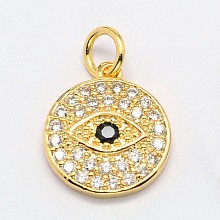 Honeyhandy Flat Round with Evil Eye Brass Micro Pave Cubic Zirconia Charms, Cadmium Free & Nickel Free & Lead Free, Real 18K Gold Plated, 13x12x2mm, Hole: 3mm