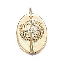 Honeyhandy Brass Micro Clear Cubic Zirconia Pendants, Long-Lasting Plated, Oval with Dandelion, Real 18K Gold Plated, 19.5x14x2.5mm, Hole: 3.5mm