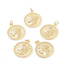 Honeyhandy Brass Pendants, with Jump Rings, Long-Lasting Plated, Flat Round with Human, Real 18K Gold Plated, 21.8x18x2mm, Hole: 2.8mm