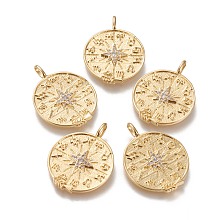 Honeyhandy Brass Micro Pave Clear Cubic Zirconia Pendants, Long-Lasting Plated, Flat Round with Constellation Compass, Real 18K Gold Plated, 29.8x22.5x2mm, Hole: 4.7x2.6mm