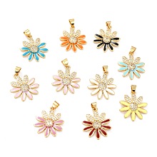 Honeyhandy Real 18K Gold Plated Brass Micro Pave Cubic Zirconia Pendants, with Enamel, Long-Lasting Plated, Flower, Mixed Color, 22.5x19.5x3.5mm, Hole: 3.5x4mm