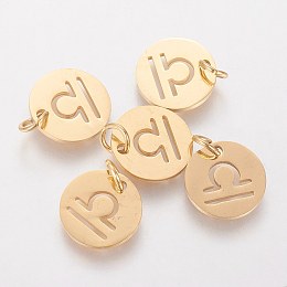 Honeyhandy 304 Stainless Steel Pendants, with Jump Ring, Laser Cut, Flat Round with Constellation/Zodiac Sign, Golden, Libra, 12x1mm, Hole: 3mm