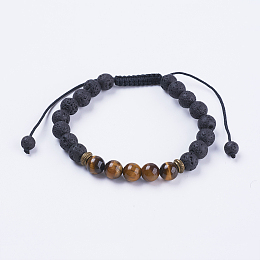 Honeyhandy Adjustable Nylon Cord Braided Bead Bracelets, with Lava Rock, Tiger Eye Beads & Alloy Findings, 2-1/8 inch(54mm)