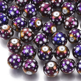 Honeyhandy Christmas Electroplate Glass Beads, Round with Star Pattern, Purple Plated, 10mm, Hole: 1.2mm