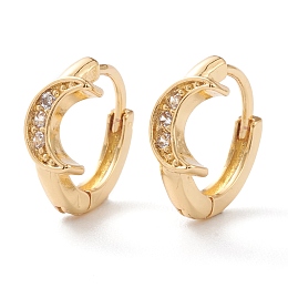 Honeyhandy Brass Micro Pave Clear Cubic Zirconia Huggie Hoop Earrings, Ring with Moon, Real 18K Gold Plated, 13x12.5x2mm, Pin: 0.8mm