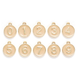 Honeyhandy Light Gold Plated Alloy Enamel Charms, Enamelled Sequins, Flat Round with Number, Number 0~9, PeachPuff, 14.5x12x2.5mm, Hole: 1.4mm, 10pcs/set