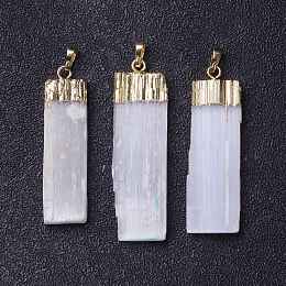 Honeyhandy Natural Selenite Big Pendants, Rectangle Charms, with Rack Plating Brass Findings, Golden, 52~61x14~19x5~7mm, Hole: 8x5mm