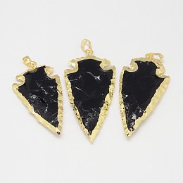 Honeyhandy Natural Obsidian Big Pendants, Arrowhead, with Brass Finding, Golden, 50~70x20~30x6~10mm, Hole: 5x8mm