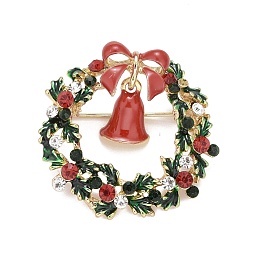 Honeyhandy Colorful Christmas Wreath with Bell Enamel Pin with Rhinestone, Alloy Badge for Backpack Clothes, Golden, 36x37x11mm