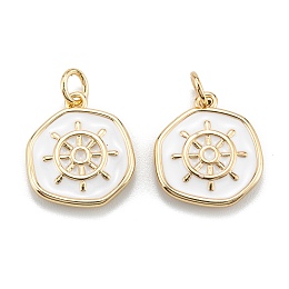 Honeyhandy Brass Enamel Pendants, with Jump Rings, Long-Lasting Plated, Flat Round with Helm, White, Real 18K Gold Plated, 17x14.5x2.5mm, Hole: 3.5mm