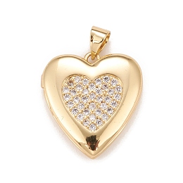 Honeyhandy Brass Micro Pave Cubic Zirconia Locket Pendants, Photo Frame Charms for Necklaces, Real 18K Gold Plated, Lead Free & Cadmium Free, Heart, Clear, 20.5x19x5mm, Hole: 4x3mm, Inner Diameter: 12x13.5mm