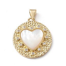 Honeyhandy Rack Plating Brass Micro Pave Cubic Zirconia Pendants, with Shell, Long-Lasting Plated, Cadmium Free & Lead Free, Hammered Flat Round with Heart Charm, Real 18K Gold Plated, 25x22x4mm, Hole: 5x3mm