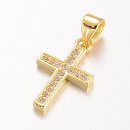 Honeyhandy Cross Brass Micro Pave Cubic Zirconia Pendants, Golden, 17x10x1.5mm, Hole: 5x4mm