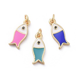 Honeyhandy Cubic Zirconia Charms, with Brass Findings and Enamel, Fish, Golden, Mixed Color, 14.5x6x2mm, Hole: 1.8mm