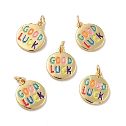 Honeyhandy Flat Round with Word Good Luck Brass Enamel Pendants, with Jump Rings, Cadmium Free & Nickel Free & Lead Fre, Real 18K Gold Plated, 15.5x13.5x1.5mm, Hole: 3.4mm