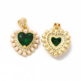 Honeyhandy Rack Plating Brass & Glass Pendants, with Plastic Imitation Pearl, Cadmium Free & Lead Free, Real 18K Gold Plated, Long-Lasting Plated, Heart Charm, Green, 17x15x5mm, Hole: 3.5x4.5mm