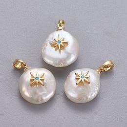 Honeyhandy Natural Cultured Freshwater Pearl Pendants, with Brass Micro Pave Cubic Zirconia Findings, Nuggets with Star, Long-Lasting Plated, Golden, Deep Sky Blue, 17~27x12~16x6~12mm, Hole: 4x2.5mm