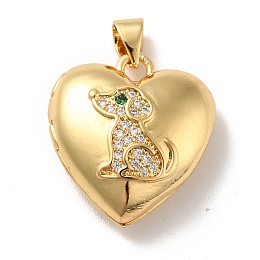 Honeyhandy Rack Plating Brass Micro Pave Clear Cubic Zirconia Locket Pendants, Cadmium Free & Lead Free, Long-Lasting Plated, Heart with Dog Pattern, Real 18K Gold Plated, 20x18.5x7.5mm, Hole: 4x3.5mm, Inner Diameter: 14x14.5mm