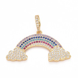 Honeyhandy Rack Plating Brass Micro Pave Colorful Cubic Zirconia Pendants, Cadmium Free & Nickel Free & Lead Free, Long-Lasting Plated, with Clasp, Rainbow, Real 18K Gold Plated, 18.5x36x2.5mm, Hole: 7x4mm