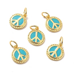 Honeyhandy Rack Plating Brass Enamel Pendants, Real 18K Gold Plated, Cadmium Free & Lead Free & Nickle Free, with Jump Ring, Flat Round, Dark Turquoise, 11.5x9.5x1.5mm, Jump Ring: 5x0.6mm, Inner Diameter: 3.5mm