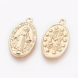 Honeyhandy Brass Pendants, Oval with Virgin Mary and Word, Real 18K Gold Plated, 20.5x12x2mm, Hole: 1.4mm