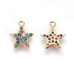 Brass Cubic Zirconia Charms, Star, Colorful, Golden, 13x11x2mm, Hole: 1mm