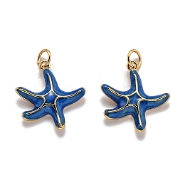 Honeyhandy Brass Enamel Pendants, with Jump Ring, Long-Lasting Plated, Real 18K Gold Plated, Starfish, Medium Blue, 19.3x17.6x3.5mm, Hole: 3.8mm