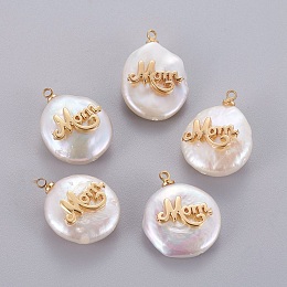 Honeyhandy Mother's Day Theme, Natural Cultured Freshwater Pearl Pendants, with Brass Cabochons, Nuggets with Word Mom, Golden, 14~28x12~22x5~12mm, Hole: 1.2mm