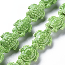 Honeyhandy Handmade Porcelain Ceramic Beads Strands, Famille Rose Style, Tortoise, Lime Green, 19.5x15x8mm, Hole: 1.8mm, about 17~18pcs/strand, 11.42~12.24 inch(29~31.1cm)