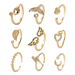 Honeyhandy 9Pcs 9 Style Brass Micro Pave Clear Cubic Zirconia Cuff Rings, Open Rings, Long-Lasting Plated, Star with Moon & Lightning Bolt & Heart & Fish & Fishtail & Leaf & Wing, Real 18K Gold Plated, Inner Diameter: 15.5~18mm, 1pc/style