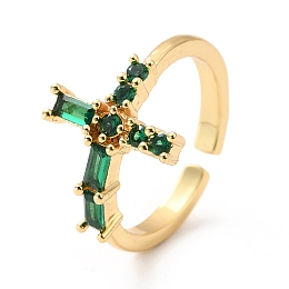 Honeyhandy Rhinestone Cross Open Cuff Ring, Real 18K Gold Plated Brass Jewelry for Women, Cadmium Free & Lead Free, Emerald, US Size 6 1/2(16.9mm)