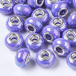 Honeyhandy Opaque Resin European Beads, Large Hole Beads, Imitation Porcelain, with Platinum Tone Brass Double Cores, AB Color, Rondelle, Lilac, 14x9mm, Hole: 5mm