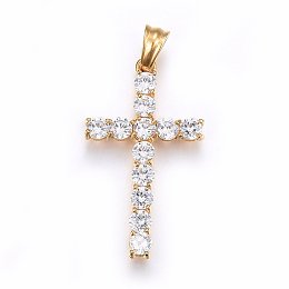 Honeyhandy 304 Stainless Steel Pendants, with Cubic Zirconia, Cross, Clear, Golden, 38x22x4mm, Hole: 5x7mm