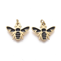 Honeyhandy 316 Surgical Stainless Steel Enamel Charms, Bee Shape, Black, Golden, 8.5x11x0.8mm, Jump Ring: 2.8x0.5mm, 1.5mm Inner Diameter