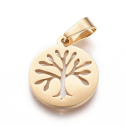 Honeyhandy 304 Stainless Steel Pendants, Flat Round with Tree of Life, Golden, 16x13.5x1.3mm, Hole: 6x3mm