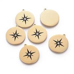 Honeyhandy 316 Surgical Stainless Steel Pendants, with Enamel & Crystal Rhinestone, Flat Round with Star, Black, Golden, 25.5x23x2mm, Hole: 1.6mm