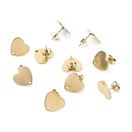 Honeyhandy Ion Plating(IP) 304 Stainless Steel Stud Earring Findings, with Ear Nuts, Heart, Real 18K Gold Plated, 12x13mm, Hole: 1.5mm, Pin: 0.7mm