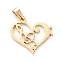 Honeyhandy 304 Stainless Steel Pendants, Laser Cut, Heart with Musical Note, Golden, 19.5x20x1mm, Hole: 5x3mm